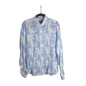 Bugatchi Classic Fit Blue /White Abstract Men's Linen Long Sleeve Dress Shirt L